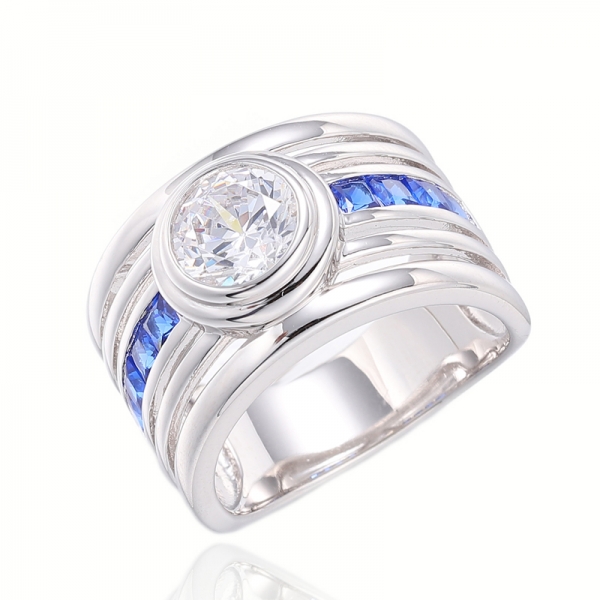 Bague carrée en argent rhodié avec zircon cubique blanc et nano bleu carré 