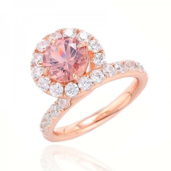 Bague en argent 925 ronde en morganite nano et zircon cubique blanc avec placage en or rose 