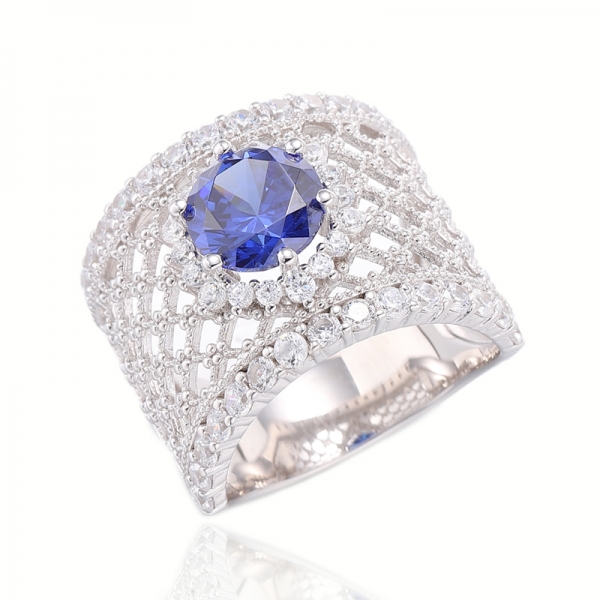 Bague ronde en argent rhodié et zircon cubique blanc et tanzanite 