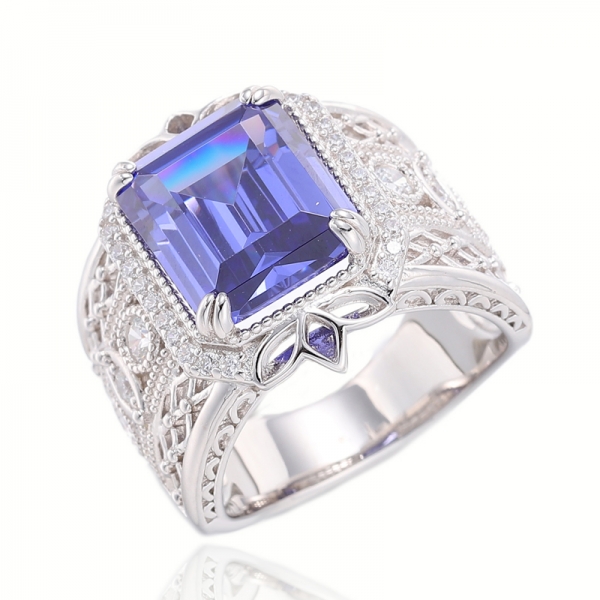 Bague en argent rhodié avec tanzanite et zircon cubique blanc rond en forme d'émeraude 