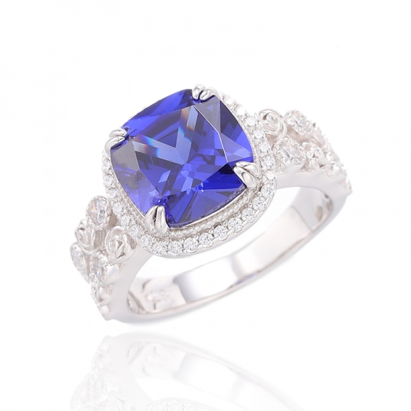 Bague en argent rhodié avec Tanzanite et Ruond, coussin blanc, Zircon cubique, 925 