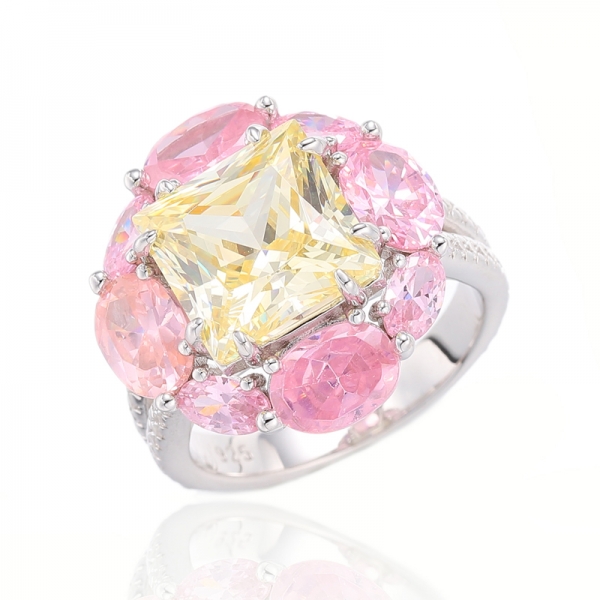 Bague en argent rhodié avec diamant carré jaune et ovale rose avec zircon cubique 