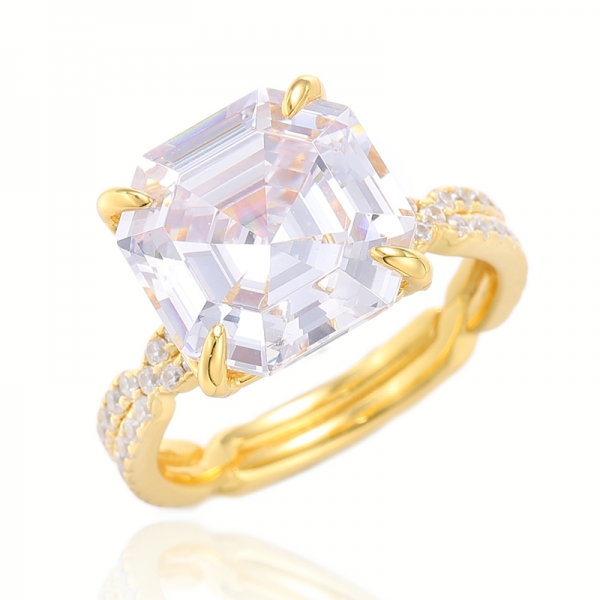 Bague Asscher en argent rhodié avec zircon cubique blanc rose et rond 