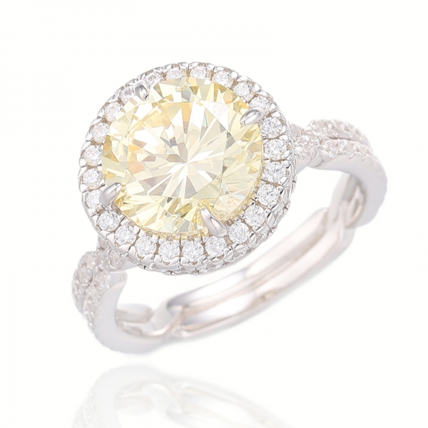 Bague en argent rhodié avec diamant rond et zircon cubique jaune et blanc 