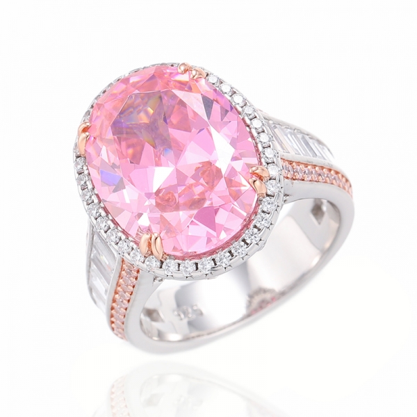 Bague en argent avec zircon cubique rose et blanc de forme ovale avec placage en rhodium et or rose 