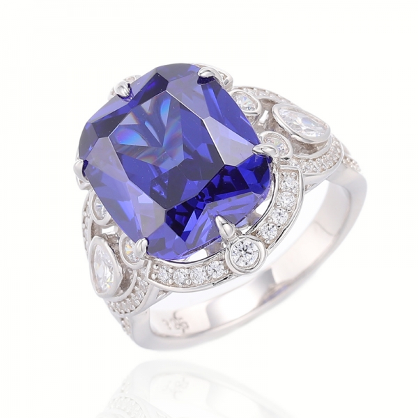 Bague en argent rhodié avec tanzanite coussin et zircon cubique blanc 925 