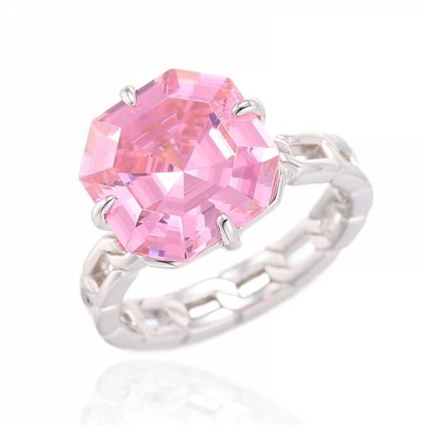 Bague en argent rhodié avec zircon cubique rose Asscher 925 