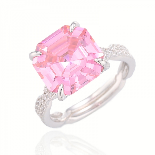 Bague Asscher en argent rhodié avec zircon cubique blanc rose et rond 