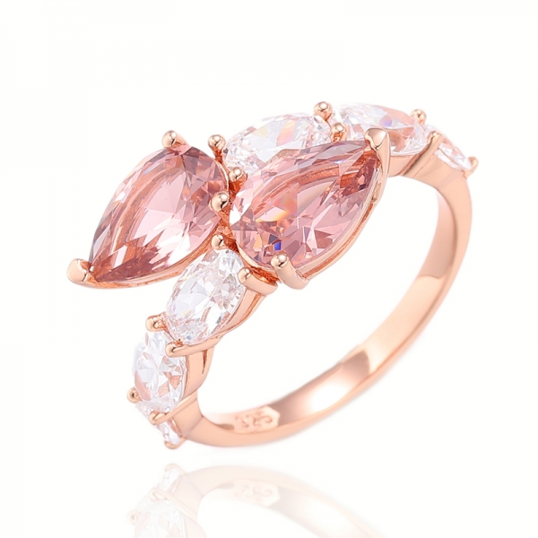 Bague en argent morganite nano et zircon cubique blanc en forme de poire 925 avec placage en or rose 