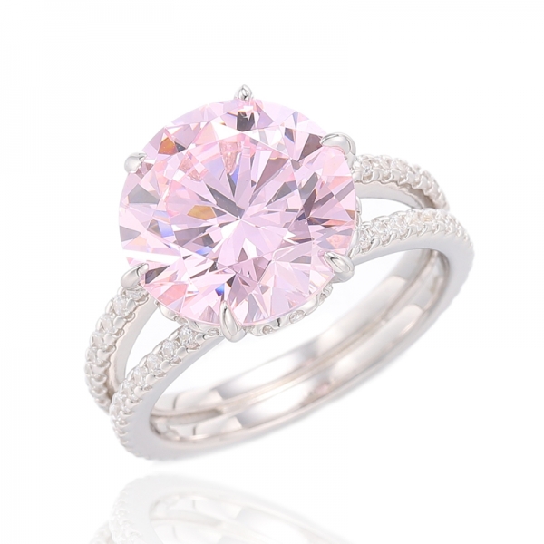 Bague en argent rhodié avec diamant rond et zircon cubique rose et blanc 