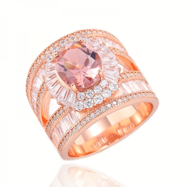 Bague en argent morganite nano et zircon cubique blanc de forme ovale avec placage en or rose 