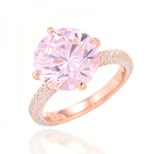 Bague en argent avec zircon cubique rose et blanc à diamant rond avec placage en or rose 