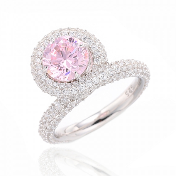 Bague en argent rhodié avec diamant rond rose et zircon cubique blanc rond 