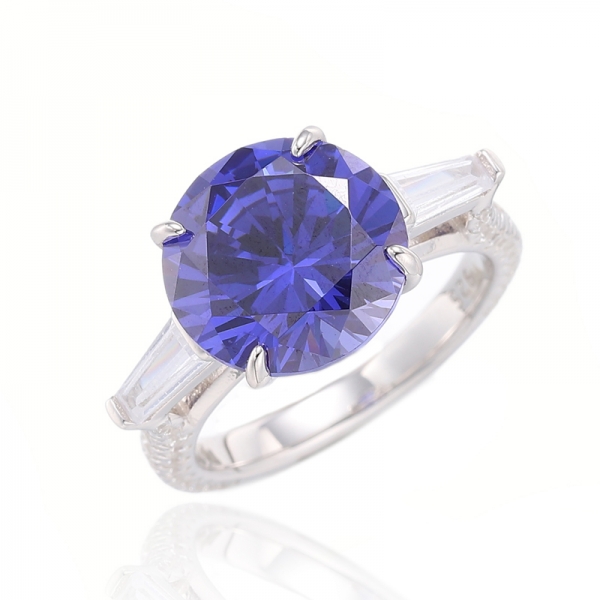 Bague en argent rhodié avec tanzanite ronde et zircon cubique blanc effilé 925 