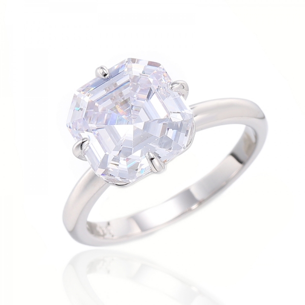 Bague en argent plaqué rhodium avec zircon cubique blanc Asscher 925 