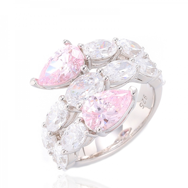 Bague en argent plaqué rhodium avec zircon cubique blanc, diamant en forme de poire rose et ovale 925 