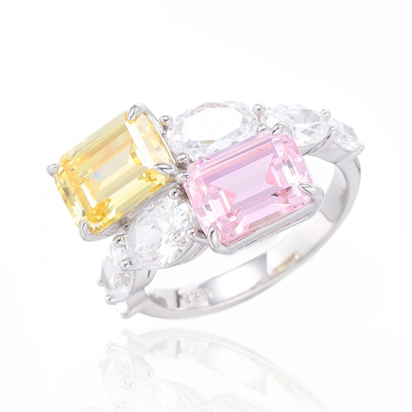 Bague en argent avec zircon cubique blanc de forme ovale et nano-morganite octogonale avec placage en or rose 