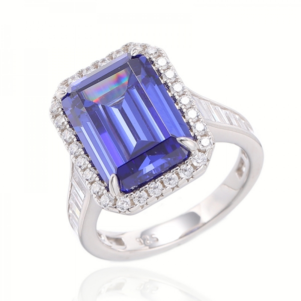 Bague en argent plaqué rhodium, émeraude, tanzanite et baguette, zircon cubique blanc 