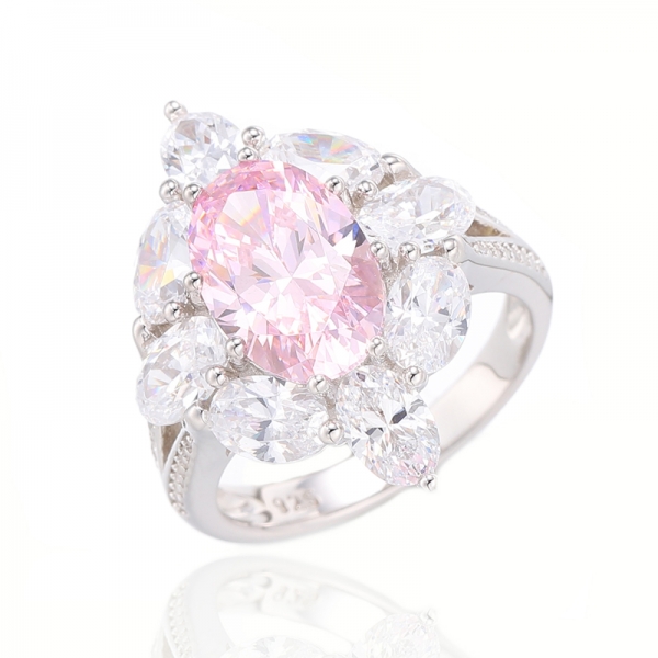Bague en argent rhodié avec diamant de forme ovale rose et rond en zircon cubique blanc 