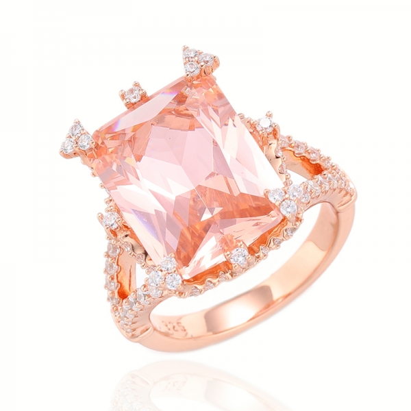 Bague octogone en morganite nano et zircon cubique blanc rond avec placage en or rose 