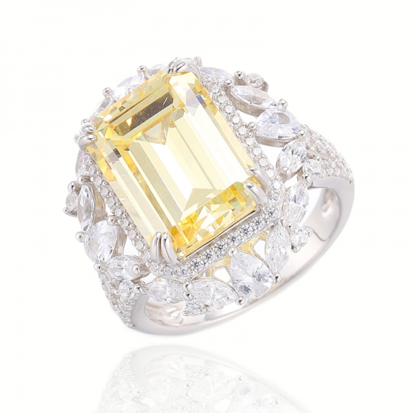 Bague en argent plaqué rhodium avec diamant émeraude jaune et blanc marquise 