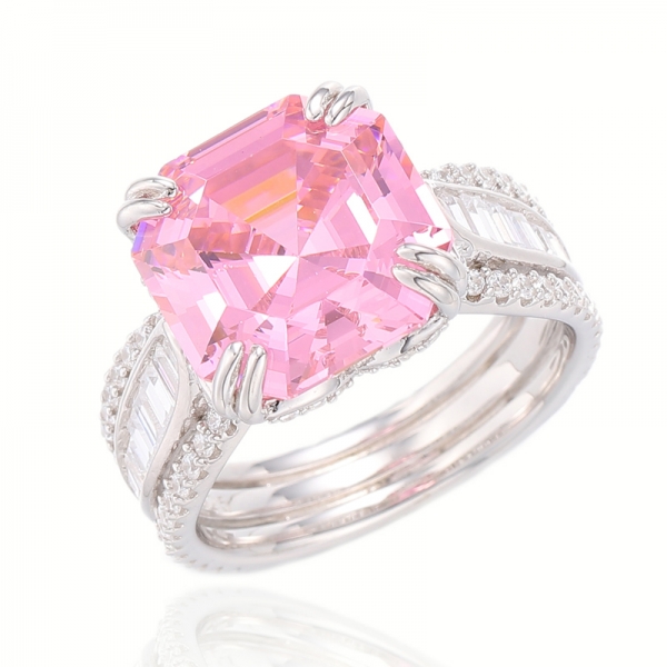 Bague Asscher en argent rhodié et zircon cubique blanc rose et baguette 