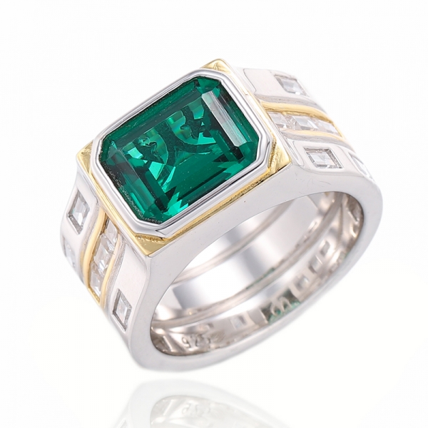 Bague en argent avec zircon cubique blanc nano vert émeraude et baguette avec placage rhodium et or 