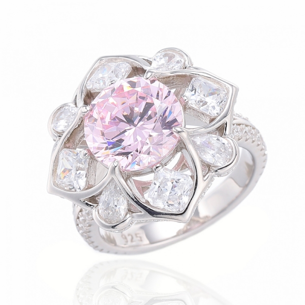Bague en argent rhodié avec diamants ronds roses et octogones en zircon cubique blanc 