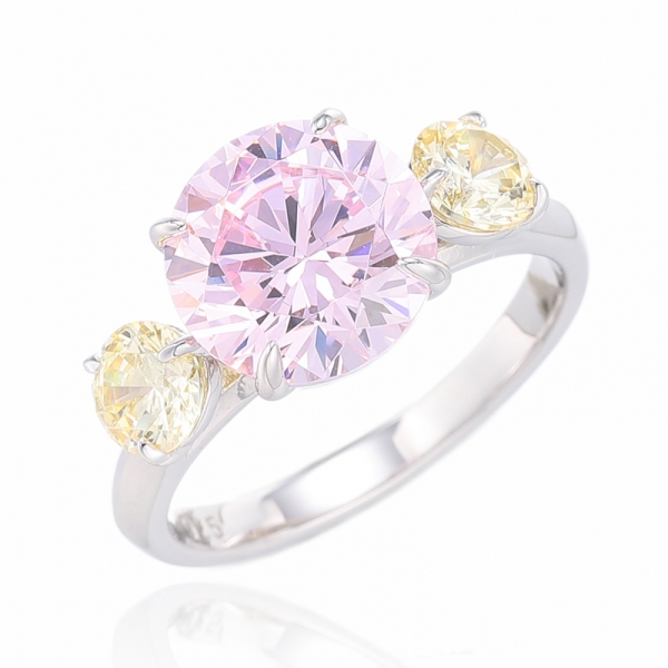 Bague en argent rhodié avec diamants ronds rose et zircon cubique canari 