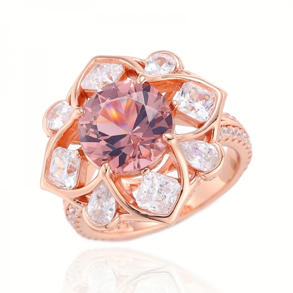 Bague en argent rhodié avec diamants ronds roses et octogones en zircon cubique blanc 