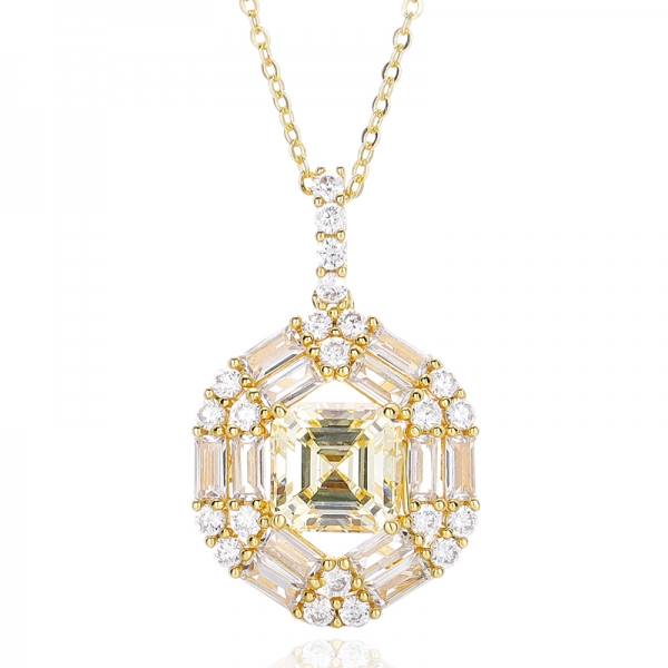 Pendentif en argent avec zircon cubique blanc et baguette taille Asscher avec placage doré 