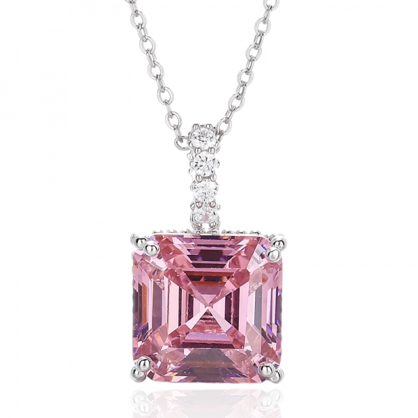 Pendentif Asscher en argent rhodié et zircon cubique blanc rond rose 