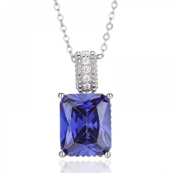 Pendentif octogonal en tanzanite 925 et zircon cubique blanc rond en argent rhodié 