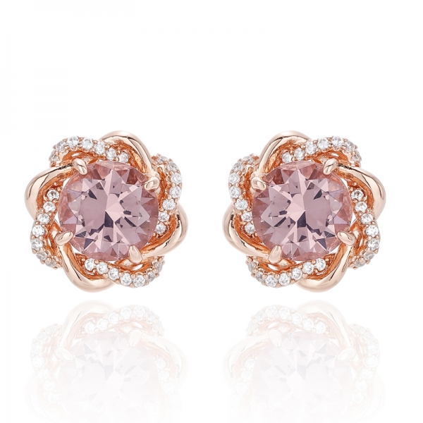 Boucle d'oreille ronde en morganite nano et zircon cubique blanc avec placage en or rose 