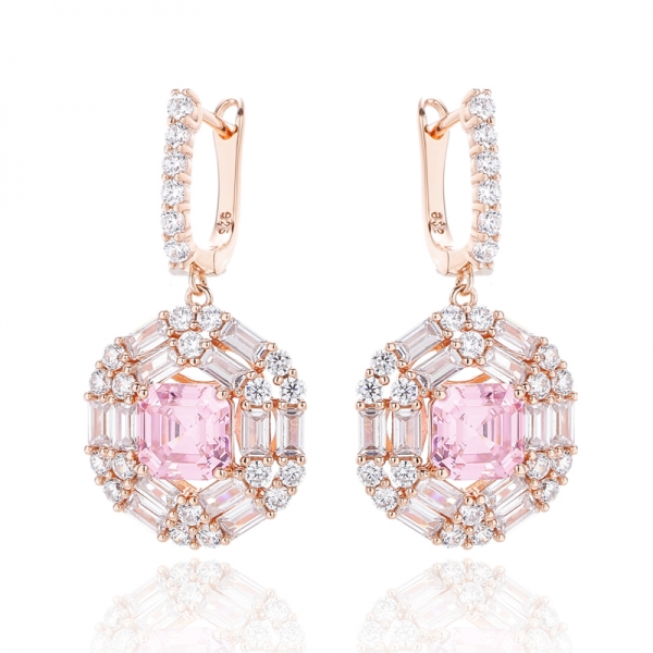 Boucle d'oreille en argent avec zircon cubique blanc et rose taille Asscher avec placage en or rose 