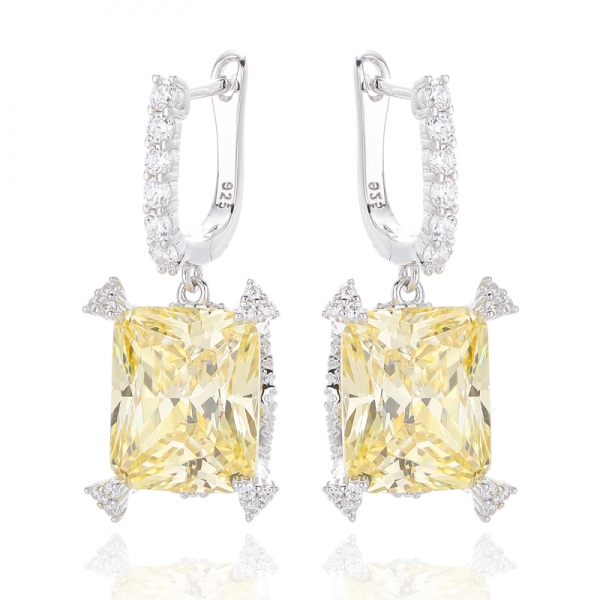 Boucle d'oreille octogonale diamant jaune et rond blanc, argent rhodié, zircon cubique, 925 