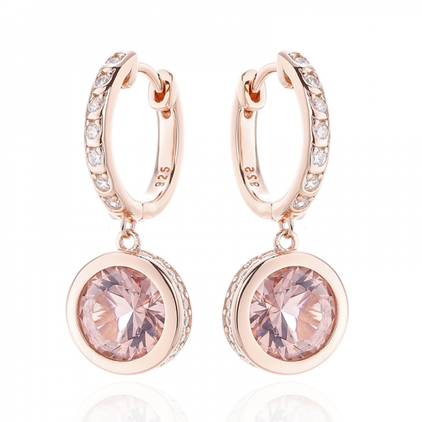 Boucle d'oreille ronde en argent Morganite Nano et Zircon cubique blanc 925 avec placage Rose Glod 