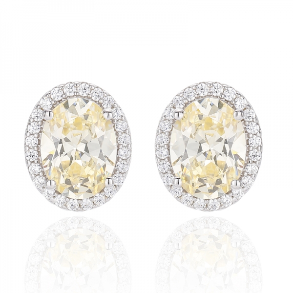 Boucle d'oreille en argent rhodié avec diamant de forme ovale jaune et rond blanc, Zircon cubique, 925 