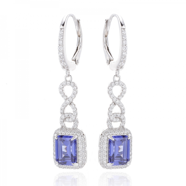 Boucle d'oreille en argent rhodié avec tanzanite taille émeraude et zircon cubique blanc rond 