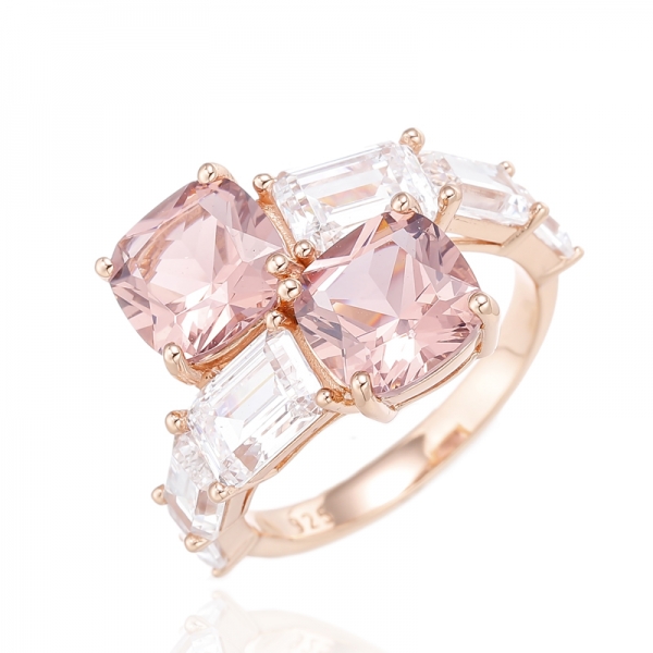 Bague en argent morganite nano et zircon cubique blanc émeraude en forme de coussin avec placage en or rose 