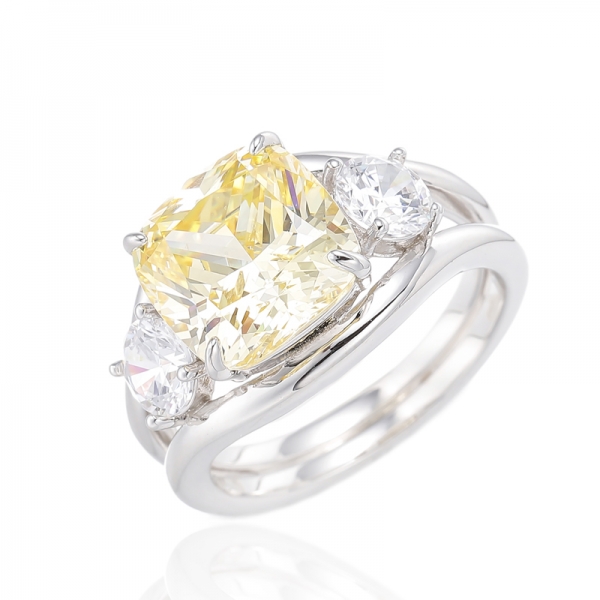 Bague en argent plaqué rhodium avec diamant coussin jaune et rond blanc 