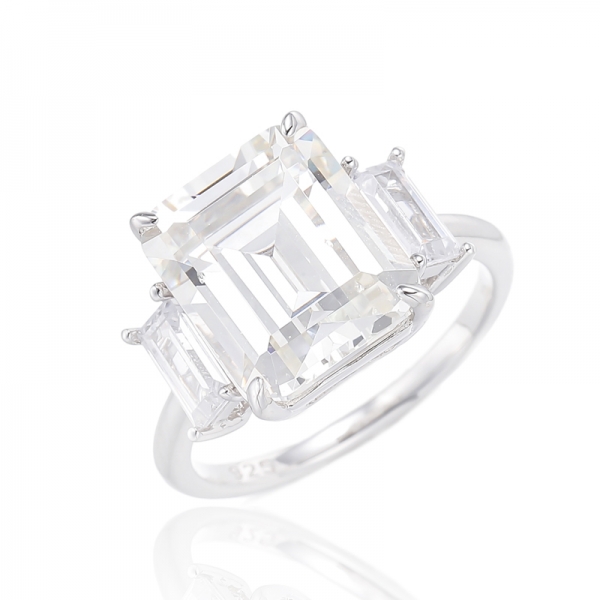 Bague en argent plaqué rhodium avec diamant émeraude G et baguette en zircon cubique blanc 