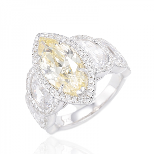 Bague en argent rhodié avec zircon cubique blanc en forme de diamant jaune et demi-lune Marquise 