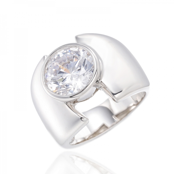 Bague en argent plaqué rhodium avec zircon cubique blanc rond 925 