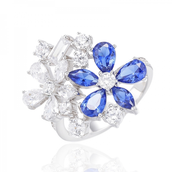 Nano bleu en forme de marquise et de poire avec bague en argent plaqué rhodium en zircon cubique blanc 