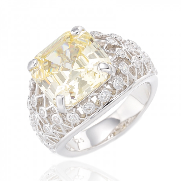 Bague Asscher en argent rhodié et zircon cubique blanc rond canari 