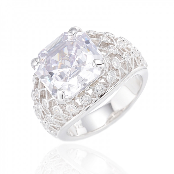 Bague Asscher en argent rhodié et zircon cubique blanc rond canari 