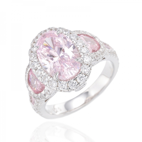 Bague en argent plaqué rhodium avec diamant de forme ovale rose et demi-lune en zircon cubique rose 