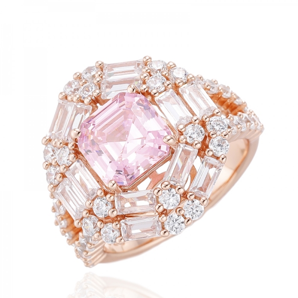 Bague Asscher en argent blanc rose et baguette avec placage en or rose 