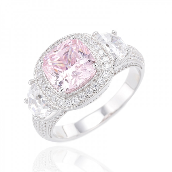 Coussin diamant rose et demi-lune en forme de zircon cubique blanc plaqué rhodium, bague en argent 